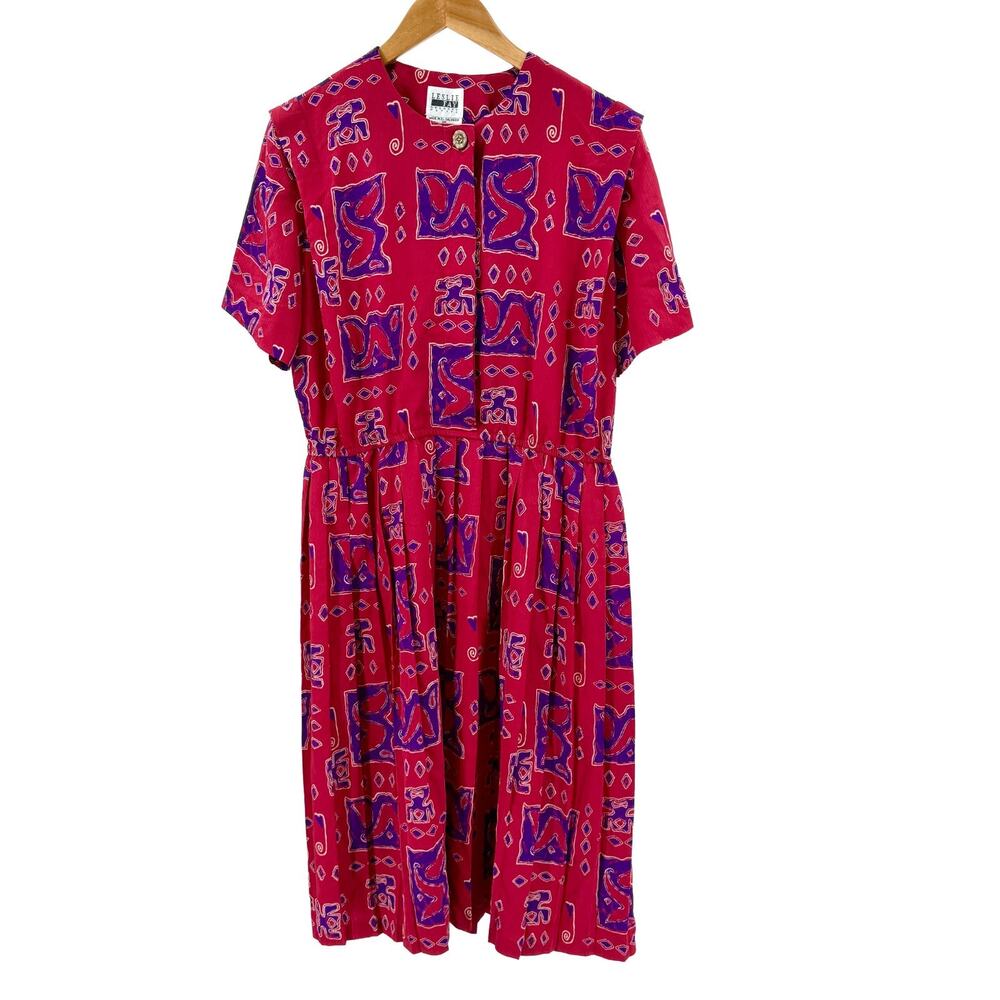 Vintage 90s Leslie Fay Red Purple Aztec Print Pleated Midi Dress